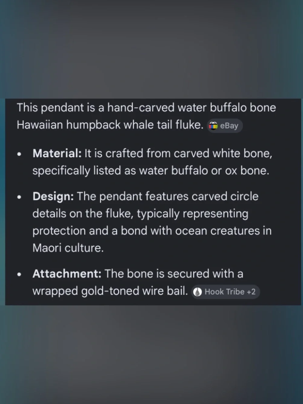 NEW Handmade Vintage Whale Tail BONE Pendant Charm